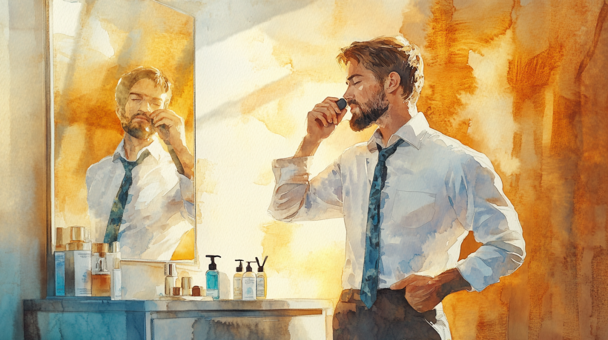 老け顔に悩む男性が、正しい知識と具体的な実践方法を知ることで、若々しい印象を手に入れられるようになることを目指しています。